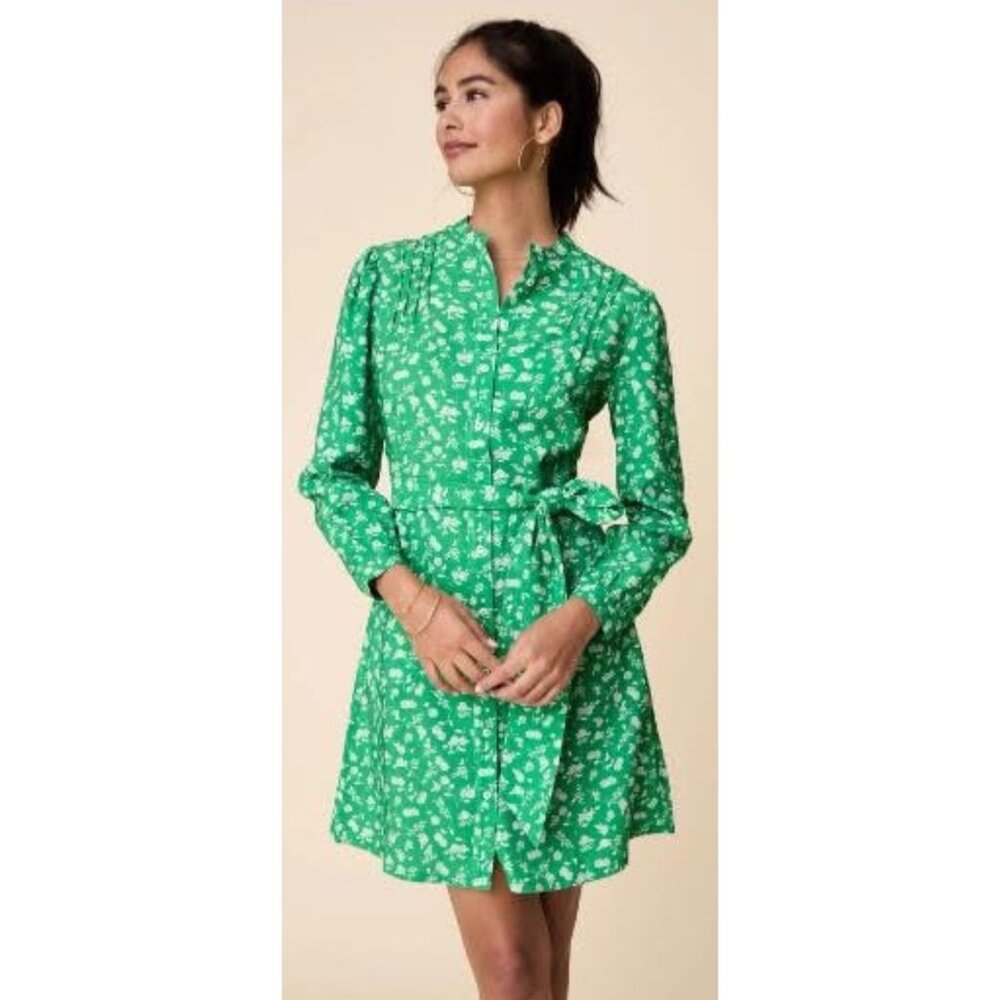 Untuckit Virginia Floral Shirt Dress Size 6 Green Crew neck Long Sleeves Preppy